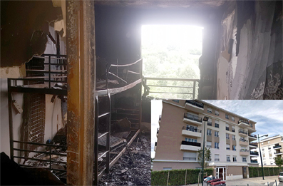 Corbeil-Essonnes : Une vue de l'une des chambres totalement détruite et de l'immeuble où l'incendie s'est déroulé.