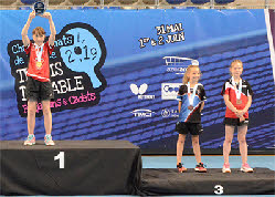 Corbeil-Essonnes : La jeune Chloé Lefèvre (à droite) sur la 3ème marche des championnats de France de tennis de table aux côtés de la Lyonnaise Léa Gaudimier.